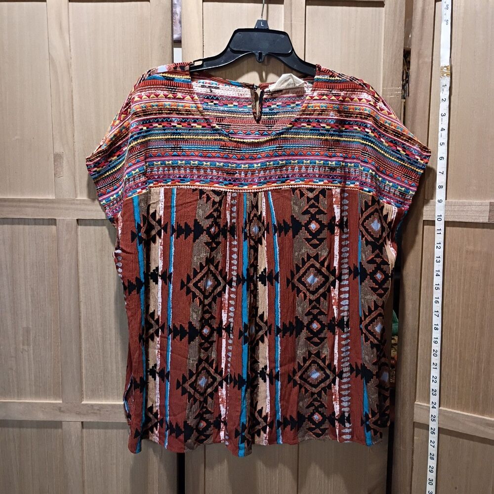 Savanna Jane Multicolor Aztec Print Boho Blouse - Rust, Turquoise, Black